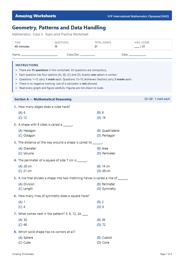 Geometry Patterns and Data (Class 3) — Free Printable Worksheet (Ages 8 ...